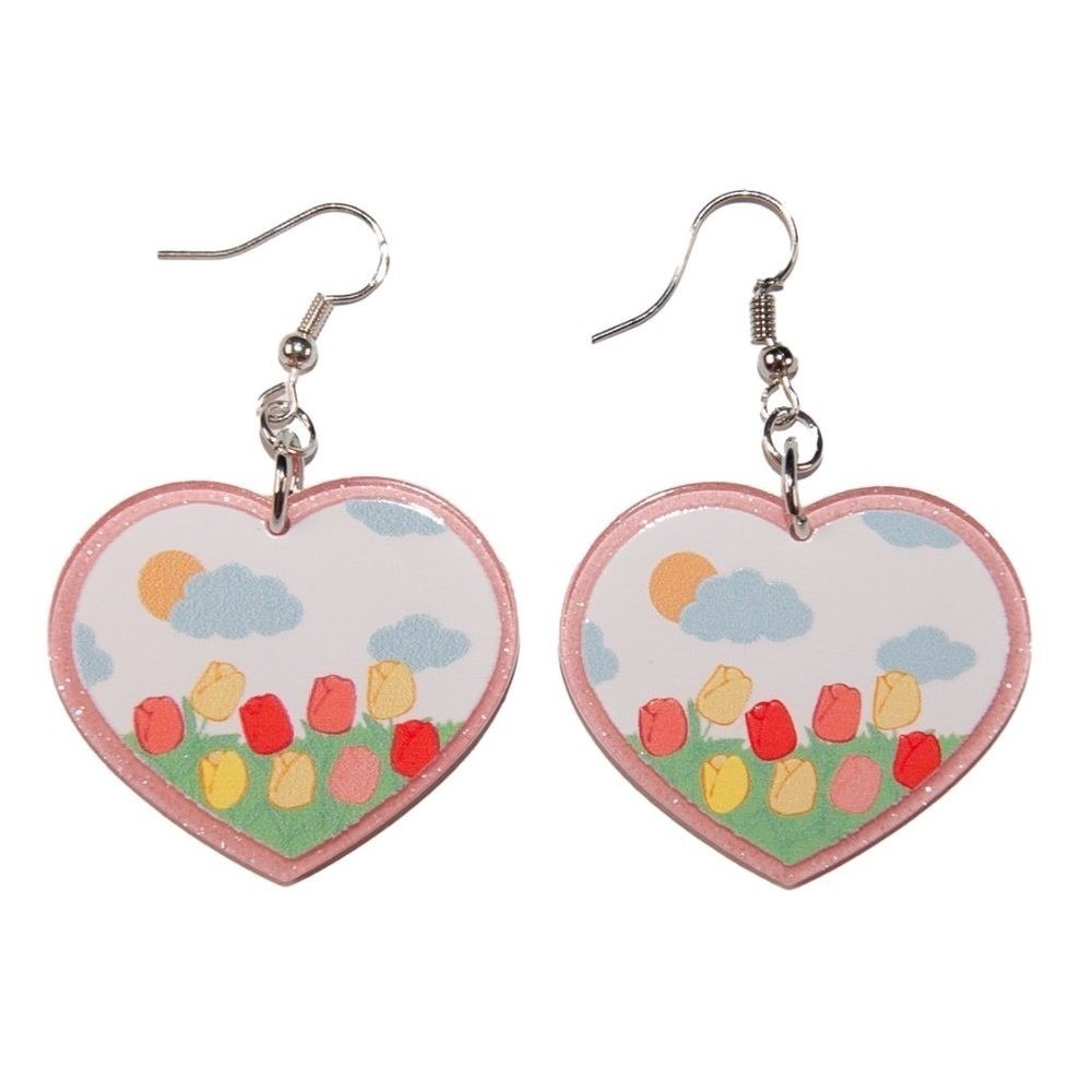 Pink‎ Cute Cartoon Pastel Flower Field Heart Earrings Hypoallergenic